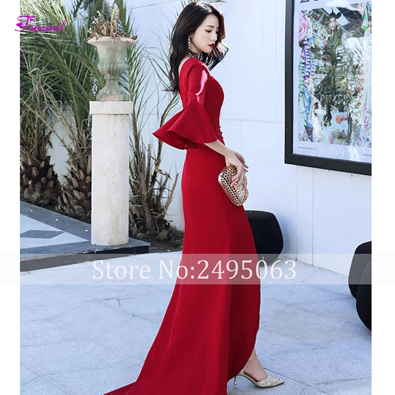 Fsuzwel Sexy V-Neck Lace Up Long Mermaid Evening Dress Elegant Flare Sleeve Burgundy Prom Dress Party Gown Vestido de Festa