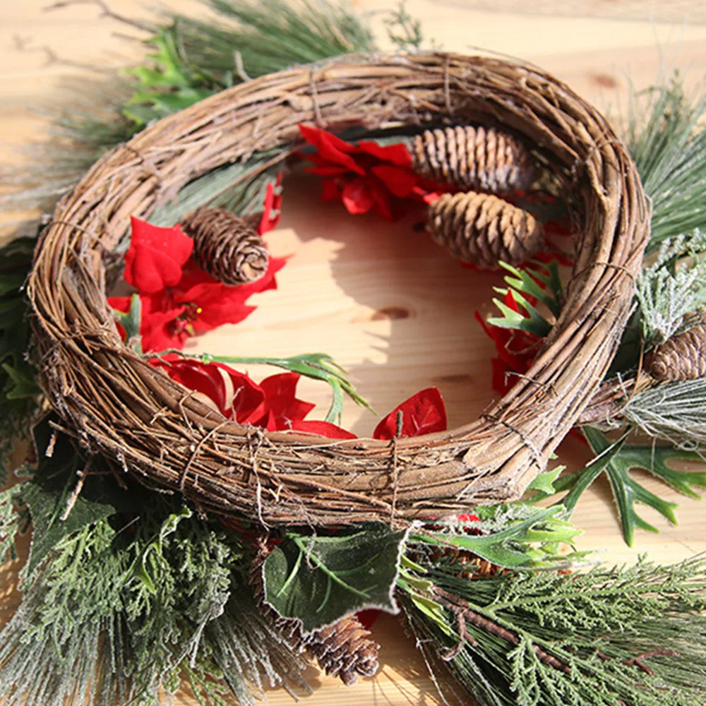 Christmas Artificial Flowers Wreath Front Door Holiday Home Hanging Decoration Frosted Winter Greens Plant Artificial Flowers