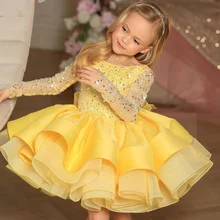 Robe de concours jaune pour filles, manches longues, paillettes scintillantes, robe de bal, robes d'anniversaire, longueur aux genoux, à fleurs