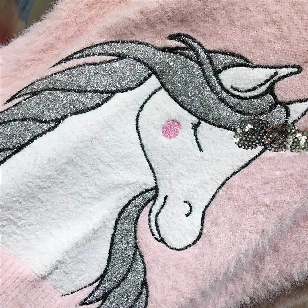 Женский осенне-зимний свитер пушистый вязаный Топ пони Единорог Вышивка блесток Повседневный джемпер женский пуловер - Цвет: pink