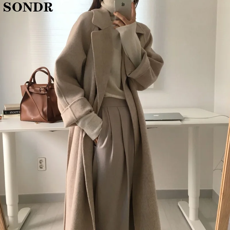 

Korea Wool Blend Trench Coat Women Plus Size Long Sleeve Cashmere Outerwear Spring Autumn Winter Long Women Wool Coat With Belt