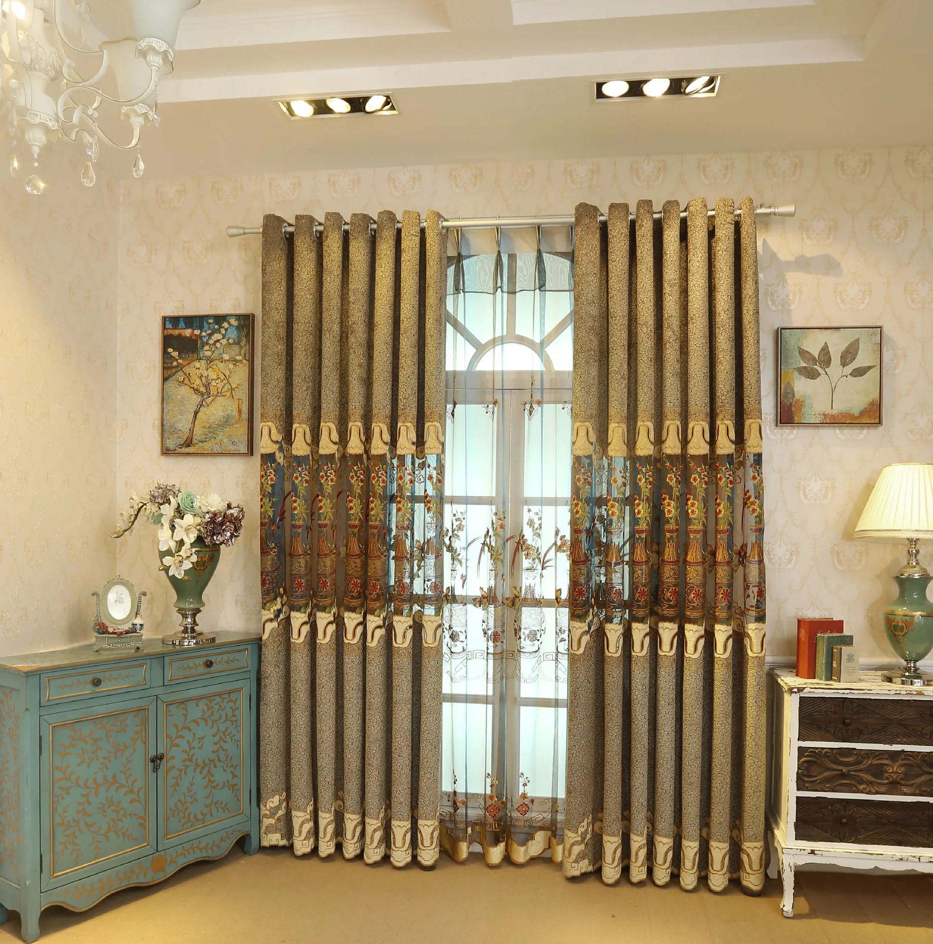 

High-end Luxury Atmospheric Curtain for Living Room European Style Curtaisn Villa Bedroom Finished Shading Embroidery Curtains