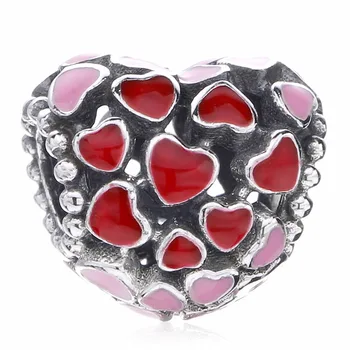 

New 925 Sterling Silver Bead Charm Openwork Pink & Red Enamel Burst Of Love Heart Beads Fit Women Pandora Bracelet Diy Jewelry