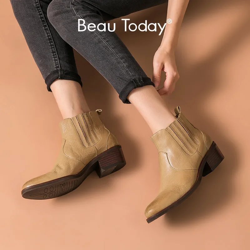 US $143.16 BeauToday Chelsea Boots Women Genuine Cow Leather Western Round Toe Elastic Band Autumn Winter Female Ankle Shoes Handmade 03286