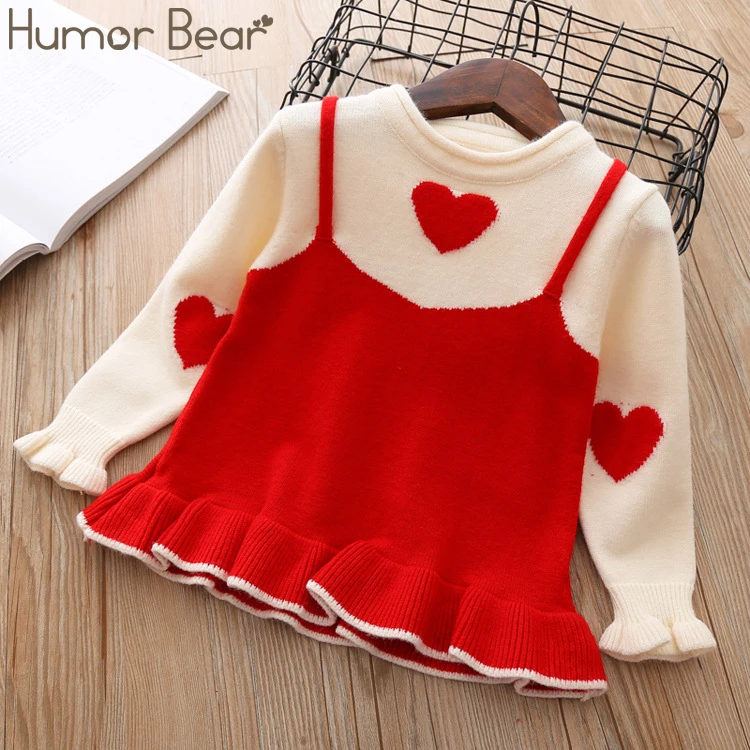 Humor Bear Kids Autumn Winter Sweater Baby Girl Clothes Bell Sleeve Love Fake Two-Piece Tops Korean Cute Baby Girls Clothing - Color: red