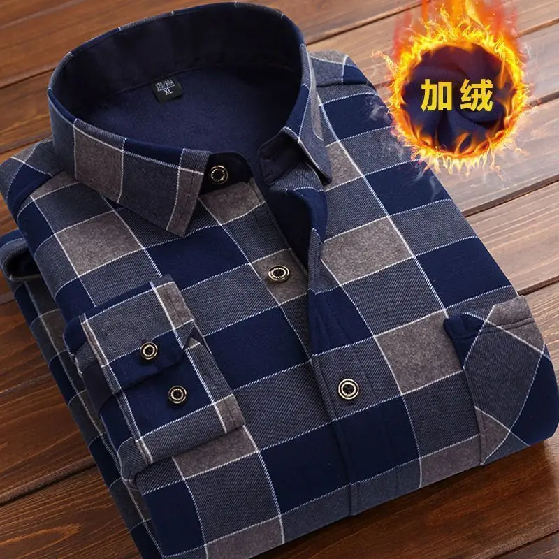 New Autumn Winter Men Fleece Shirt Fashion Plaid Thick Keep Warm Shirt Male Print Long Sleeve Business Big size L-6XL