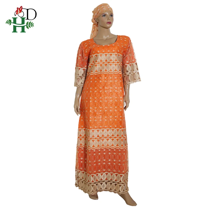 H& D Дашики африканские платья для женщин плюс размер кружевное платье с повязкой на голову вышитые традиционные африканские дамские платья тюрбан - Цвет: Оранжевый