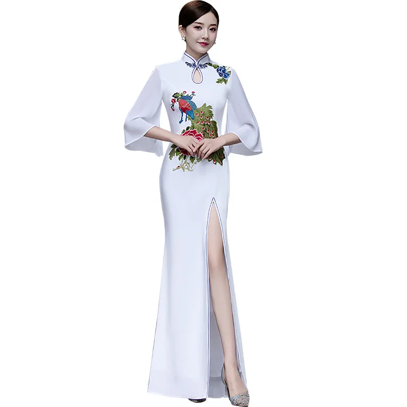 Плюс размер 3XL 4XL 5XL Китайская традиционная Женская Русалка Вышивка цветок Qipao Винтаж Cheongsam Новинка китайское торжественное платье - Цвет: Белый