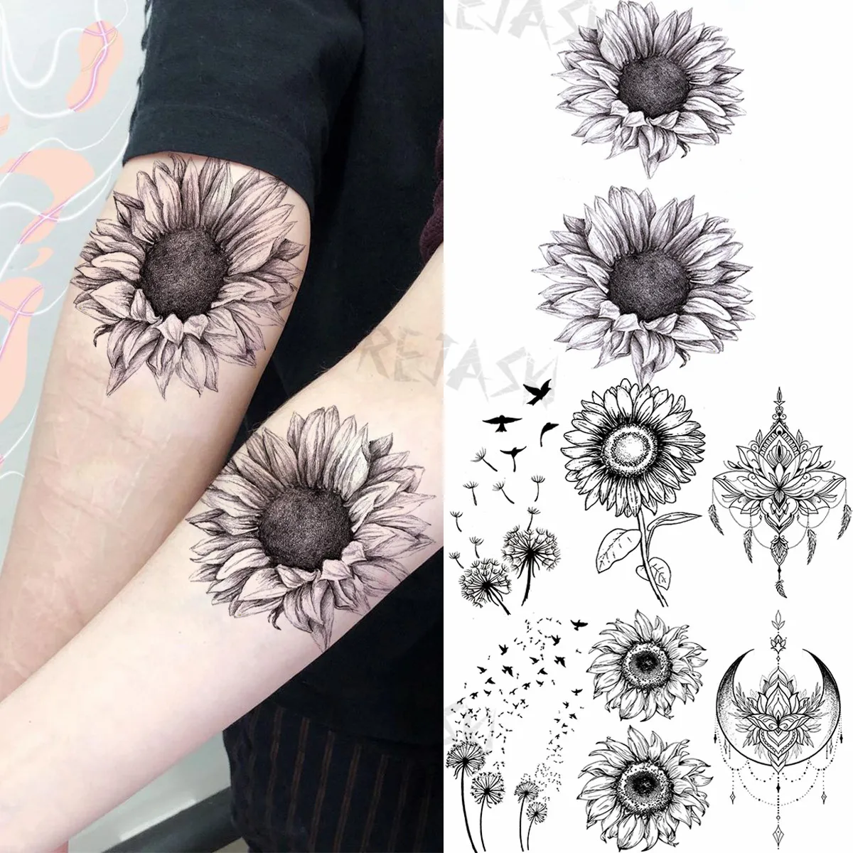 

Черные эскизы, Подсолнухи, временные татуировки для женщин, Одуванчик, подвеска, мандала, искусственная кожа, моющиеся тату-наклейки
