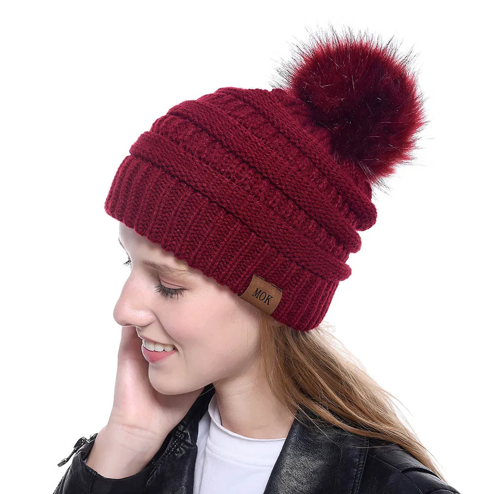 

New Faux fox fur ball cap pom poms winter hat for women girl hat knitted beanies cap brand new thick female cap