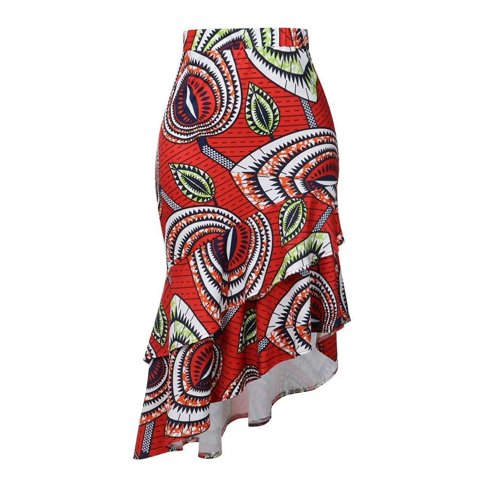 SUNGIFT Dashiki African Dresses For Women Double-layered Ruffled Hem Africa Digital Print Elegant Length Skirt African Clothing