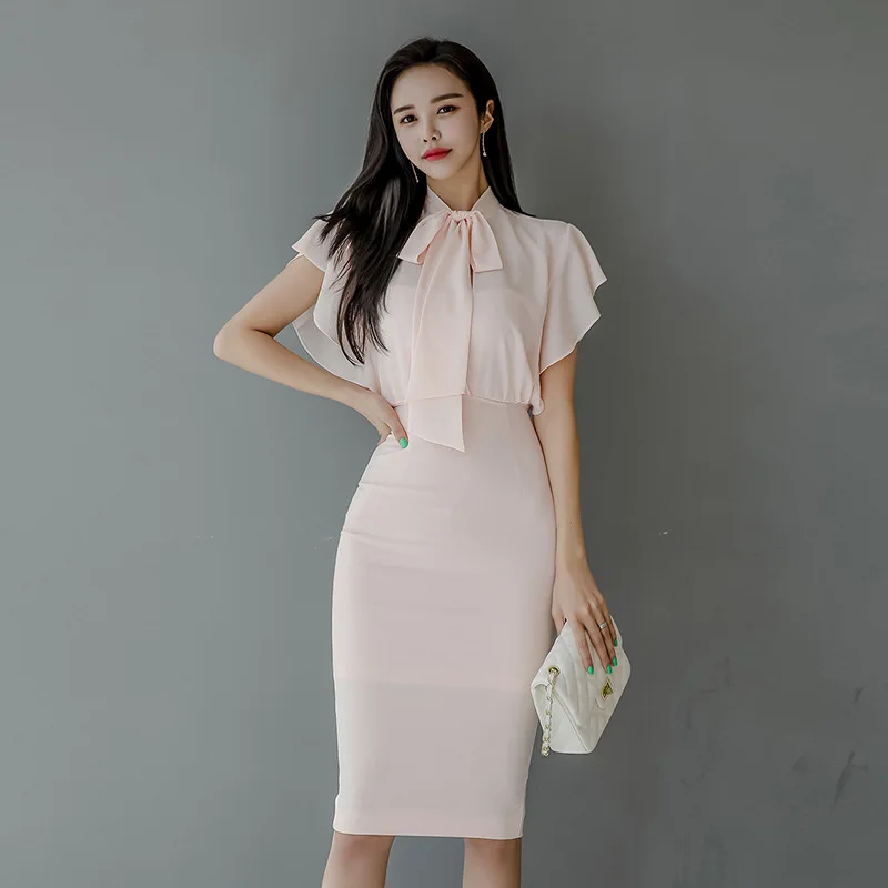 

2020 summer new ladies fashion dress slim fashion dress Zippers Knee-Length Office Lady Chiffon Polyester