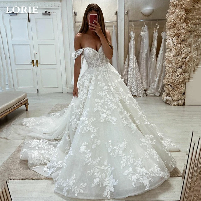 Fora do ombro princesa vestido de casamento renda appliqued com tule vestido  de noiva branco marfim praia vestido de noite mais tamanho - AliExpress