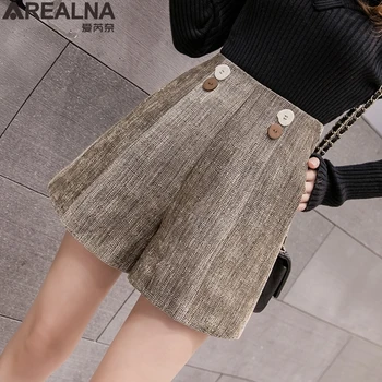 

Women Wool Shorts 2019 new autumn winter Fashion Button Korean High Waist Wide leg Shorts women Casual Suit Pockets short femme