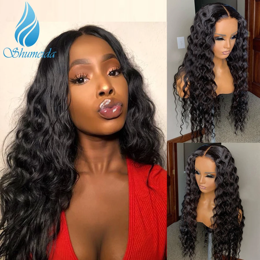 SHUMEIDA Indian Deep Wave Lace Front Wigs Pre Plucked Virgin Human Hair