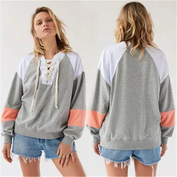 

Fashion Patchwork Lace Up Bandage Hoodies Women 2020 Autumn Winter V-Neck Long Sleeve Pullovers Female Tops Casual Sweatshirts