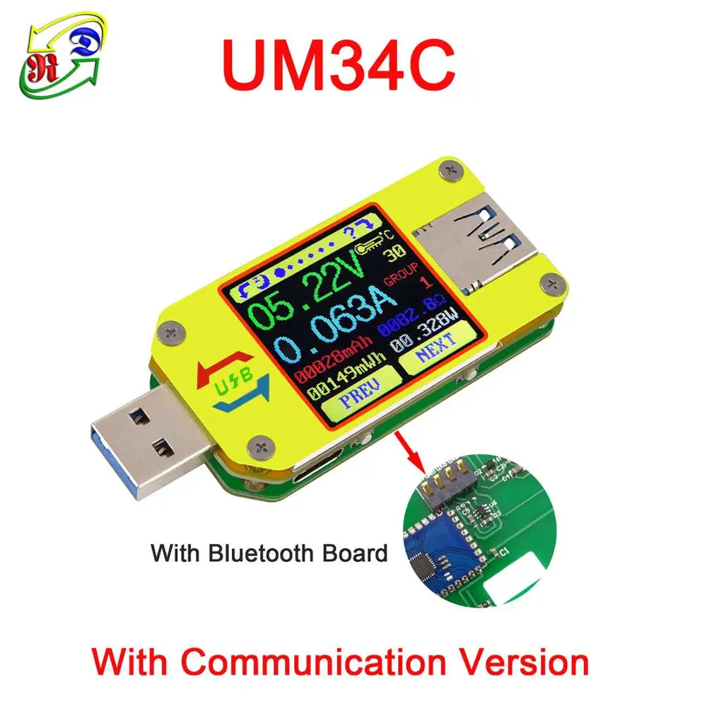 RD UM34 UM34C Для APP USB 3,0 Тип-C DC Вольтметр Амперметр Напряжение измеритель тока, для батареи зарядки измерения Кабельный тестер сопротивления - Цвет: UM34C