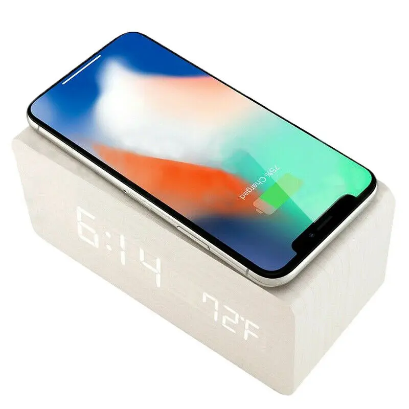 Деревянный Будильник с Qi беспроводной зарядной панелью совместим с Iphone samsung деревянные светодиодные цифровые часы Функция управления звуком - Цвет: White