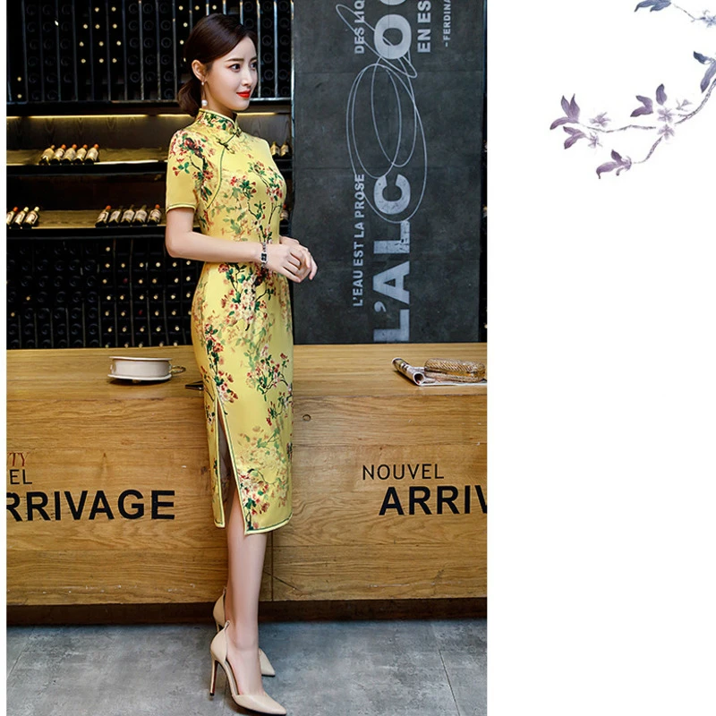 Sheng Coco 4 цвета желтый сексуальный тонкий классический Qipao новые цветы сливы Ципао для банкета китайское платье шелк плюс размер 4XL Винтаж Qi