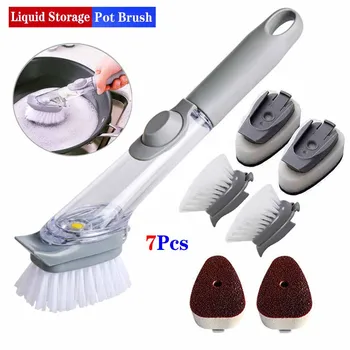 

7Pcs/Set Multi-functional Kitchen Wash Dishes Brush Pot Does Not Damage Pot Long Handle Sponge Automatic Liquid Filling Cl