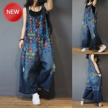 

Plus SizeWomen Denim Overalls Print Floral Vintage Casual Ripped Hole Wide Leg Jumpsuit Ladies Jeans Romper High Quality