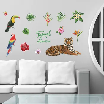 

Tiger Parrot Flowers Wall Stickers For Home Decoration Diy Kids Room Bedroom Animal & Plant Wall Art Pvc Nursery Decals