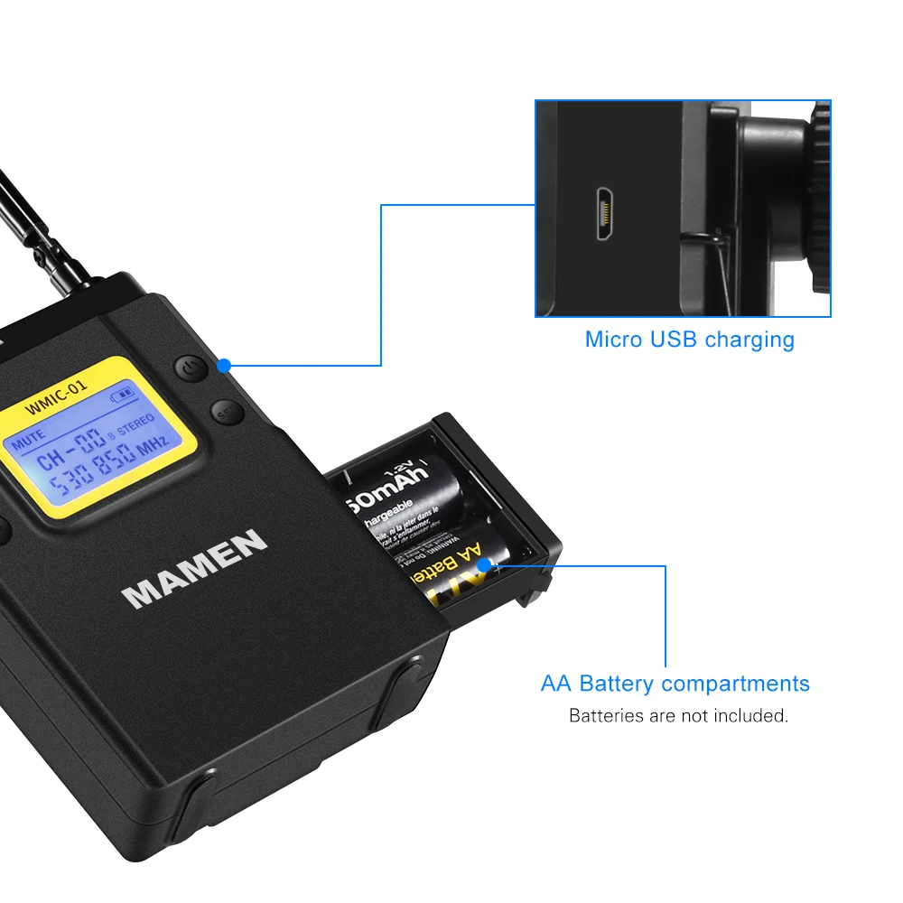 MAMEN WMIC-01 UHF двухканальный цифровой беспроводной микрофон Система 1 передатчик 1 приемник конденсаторный микрофон для камеры видео