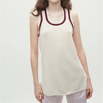 

Runway Elegant Hem Split Knitted Women Tank Tops Striped O-Neck Ladies Sleeveless Tops Summer Holiday Casual Female Cotton Tops