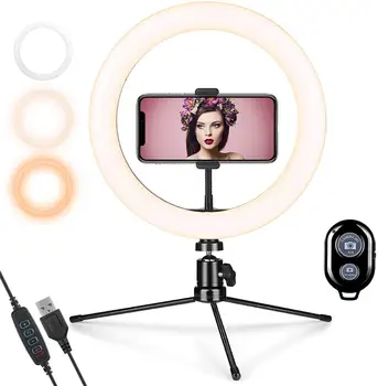 

Ring Light 10 inch LED Selfie Ring Light with Tripod Dimmable Desk Circle Light for Makeup Video Camera Photography Streaming