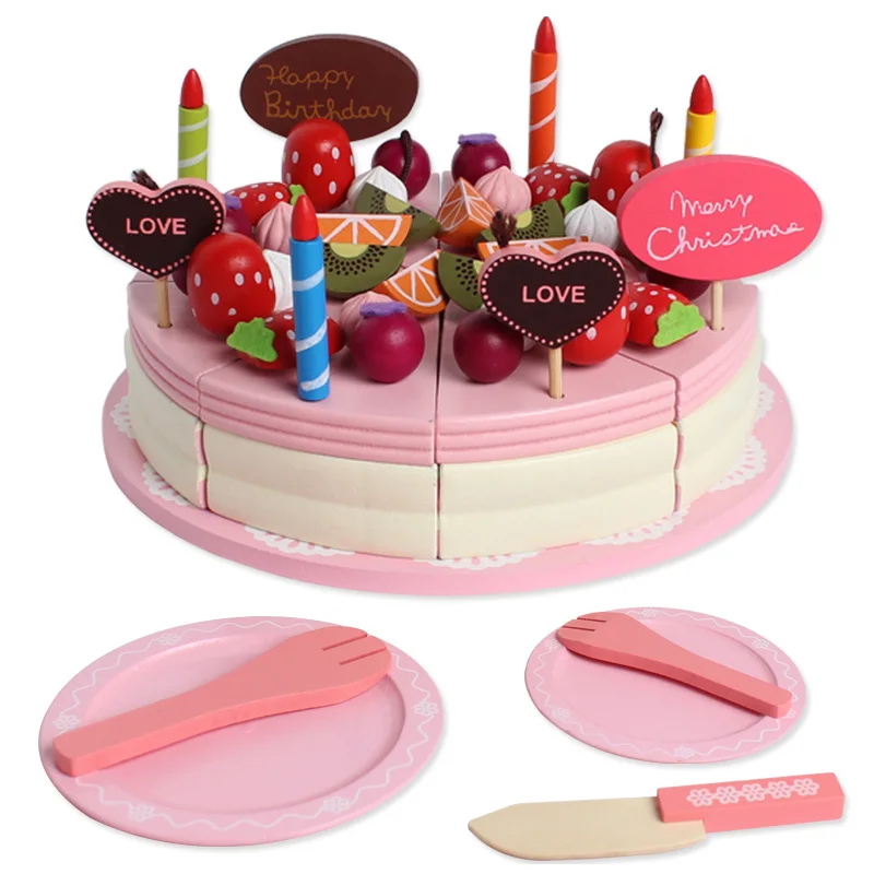40 шт., деревянные кухонные игрушки для приготовления пищи для детей, кухонные игрушки, клубника, торт на день рождения, фруктовые игрушки, рождественские подарки - Цвет: Pink