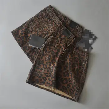 

Women Sexy Ripped Leopard Print Skirts Streetwear Pencil Denim Skirts Casual Mini High Waist Skirts