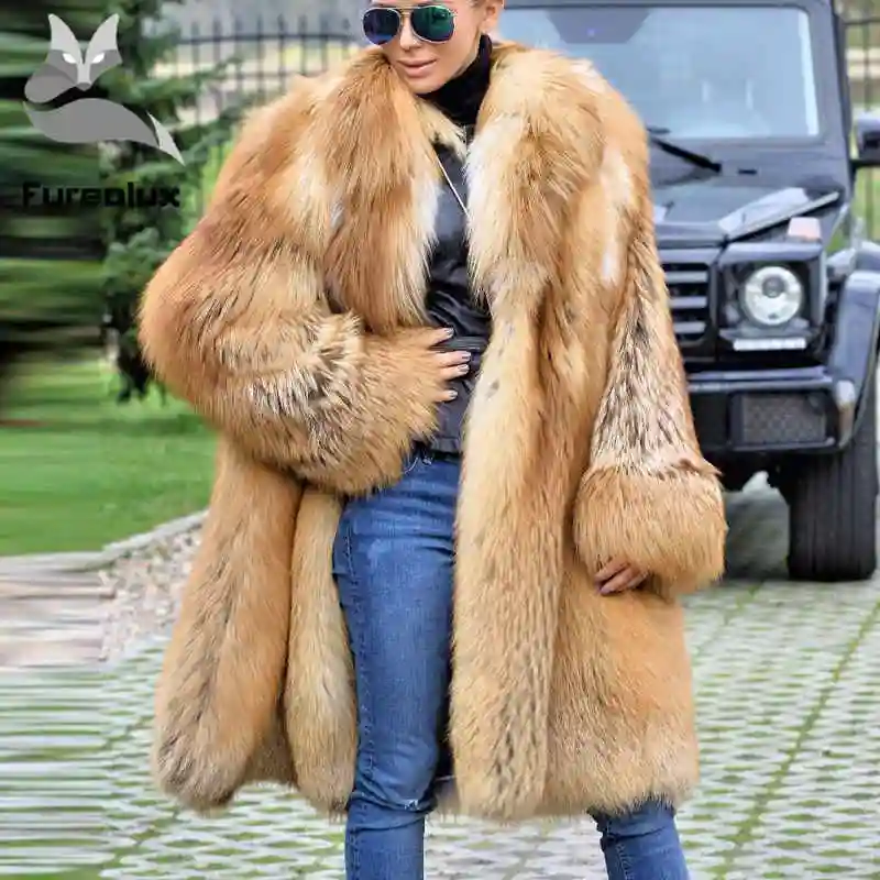 red fox fur coat with hood