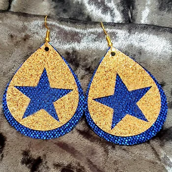 

Gold Shinning Dallas Stars Double Layer Faux Leather Teardrop Earrings Blue Sequins Chunky Layer Hollow Earrings New