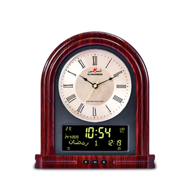 Мусульманские настольные часы с Azan Time и Qibla Salah молитвенный будильник исламский деревянный цвет настенный