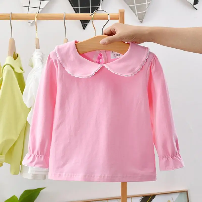 pink girls blouse Новинка года; школьные футболки для девочек белая хлопковая футболка с длинными рукавами Блузка для маленьких девочек; Рубашки детские топы; футболки; детская одежда - Цвет: pink girls blouse