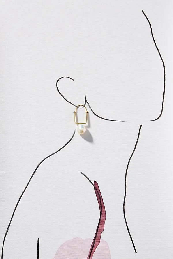 Серьги кольца квадратные с пресноводным жемчугом и золотым серебряным