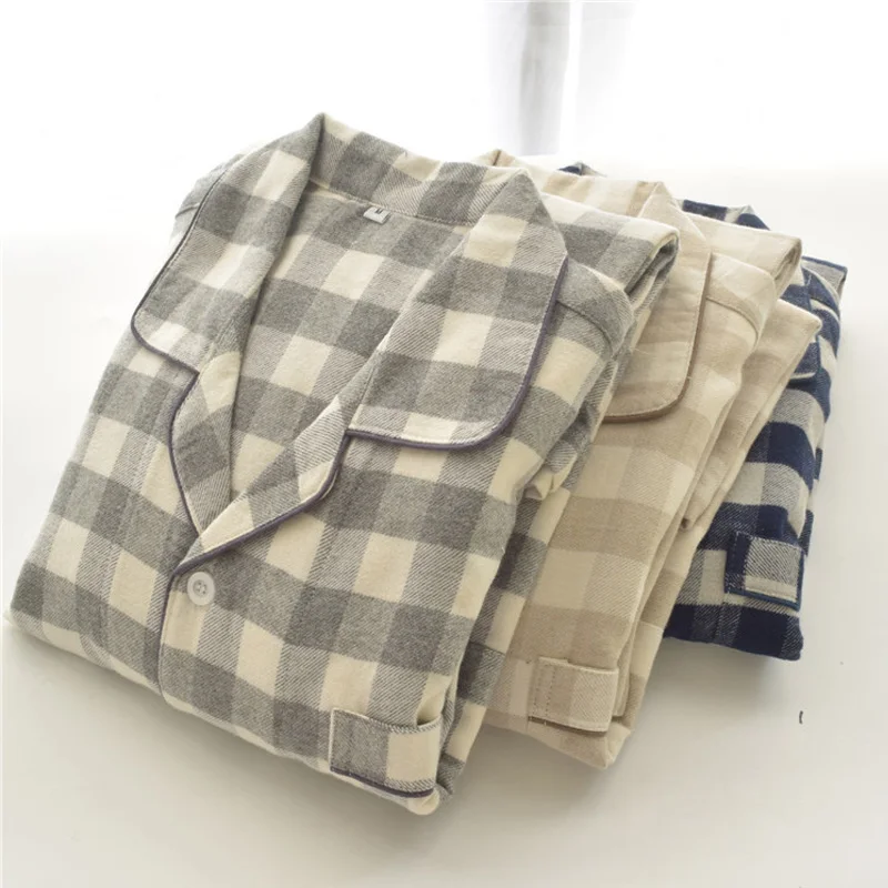 

Fashion women pajamas unisex adult sleepwear 2 pieces turn-down collar grey plaid pajamas set long-sleeved and pants sleepwear