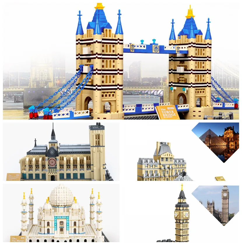 Lockings City Architecture Нотр Дам де Пари Тауэрский мост Башня Биг Бен строительные блоки
