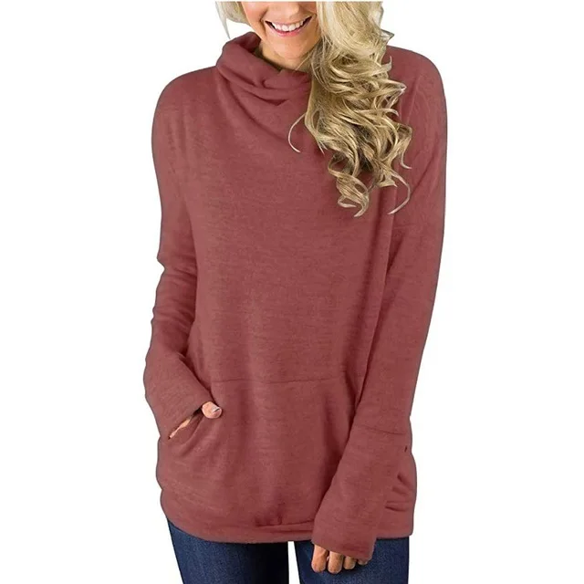 

Autumn Fashion Trutleneck Solid Blouse Lady Casual Tunic Pocket Basic Tops Tee Top Female Women Long Sleeve Shirt Blusa Pullover
