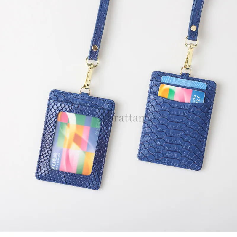 Alirattan Crocodile Leather Lanyard ID Card Holder High Quality Ostrich Snake Work Card Holder Printed Letters - Цвет: Snake Blue