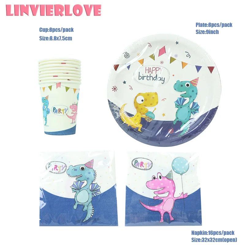LINVIERLOVE 16 гостей детский душ динозавры для детей с днем рождения полиэтиленовая скатерть соломенный карнавальный язычок для вечеринки столовые приборы