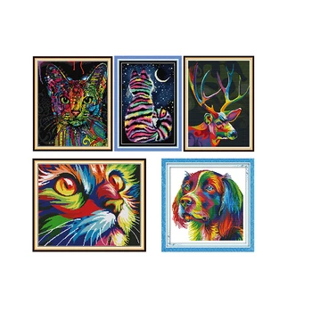 

Colorful animal series DIY cross stitch kits 14CT DMC canvas fabric patterns printed counted Chinese needlework embroidery sets
