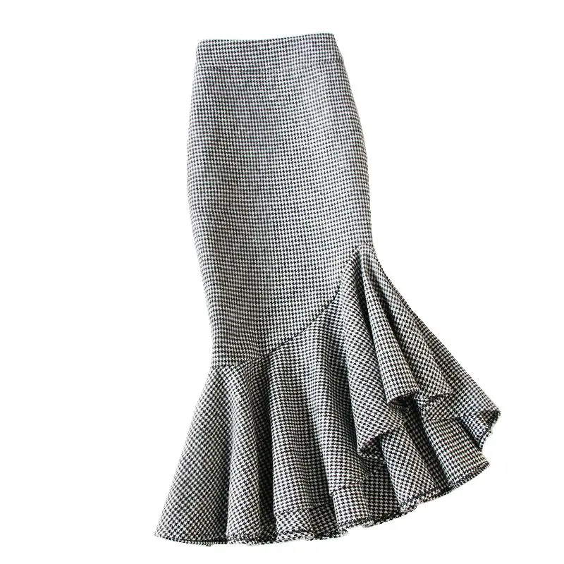 Free Shipping Knee Length Skirt White Black Plaid Women Plus Size S-4XL Mermaid Style Stretch Ladies High Waist Ruffles Skirt