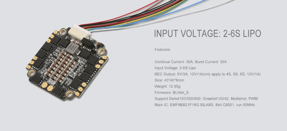DYS F30A 30amp 4 in 1 BLHeli_S BB2 BEC 5V 12V 3A Dshot600 Oneshot125 Oneshot42 Multishot 2S-6S ESC For RC Drone