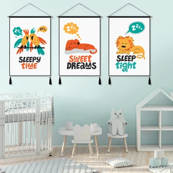 

Cartoon Owl Lion Bird Giraffe Dog Puppy Sweet Hanging Cloth Cotton Line Painting Poster Home Decor Wall Hanging Tapestry Gift