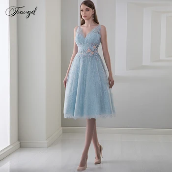 

Traugel VNeck A Line Knee-Length Lace Cocktail Dresses Chic Applique Beading Tank Sleeve 3D Flower Short Prom Evening Party Gown