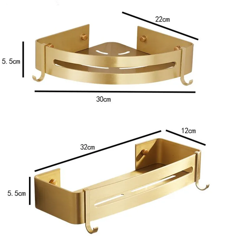 Bathroom Shelves Brushed Gold Aluminum Bath Shower Rack Nail Punched Corner Shelves With Hooks Bath Hardware Free Shipping