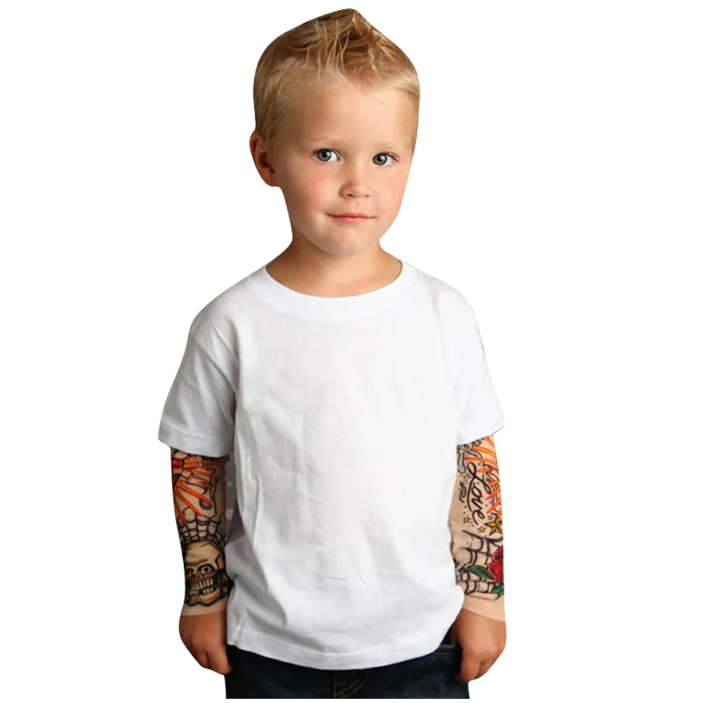 Модная детская одежда для девочек; хлопковая Футболка с круглым вырезом для маленьких мальчиков; Сетчатая футболка с принтом тату; топы с рукавами; H4