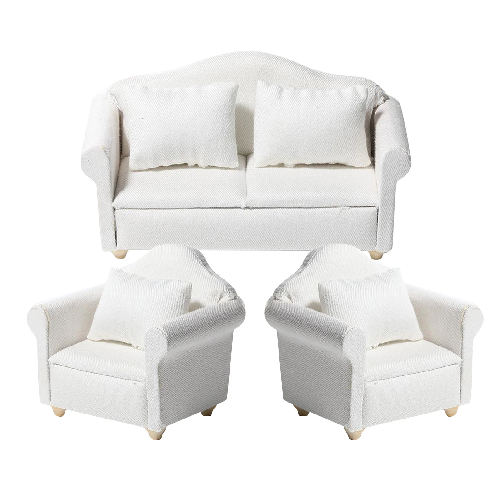 Dollhouse Sofa, Dolls House Furniture Sofa Couch Armchair Love Seat Set with Cushion Pillow - Pure White - 1/12 Scale