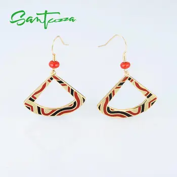 

SANTUZZA Brass Earrings for Women Yellow Gold Color Dyed Red Sea BamBoo Triangle HANDMADE Enamel Earrings Party Fashion Jewelry
